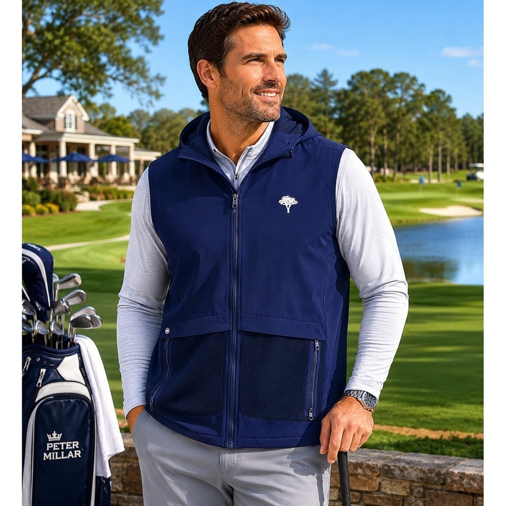 PETER MILLAR Via Hooded Soft Shell Vest Navy Blue XXL Full Zip Golf -2379